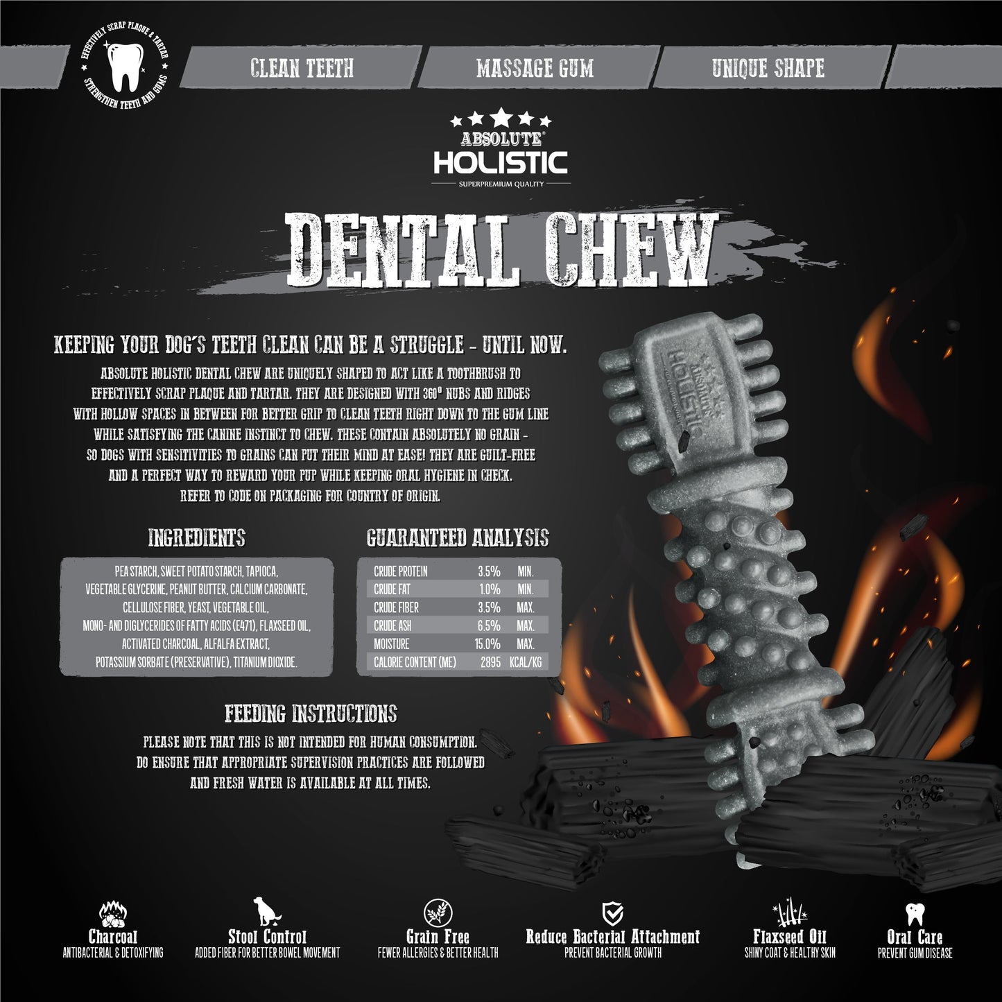 Absolute Holistic Dental Chew for Dogs - Charcoal (4")