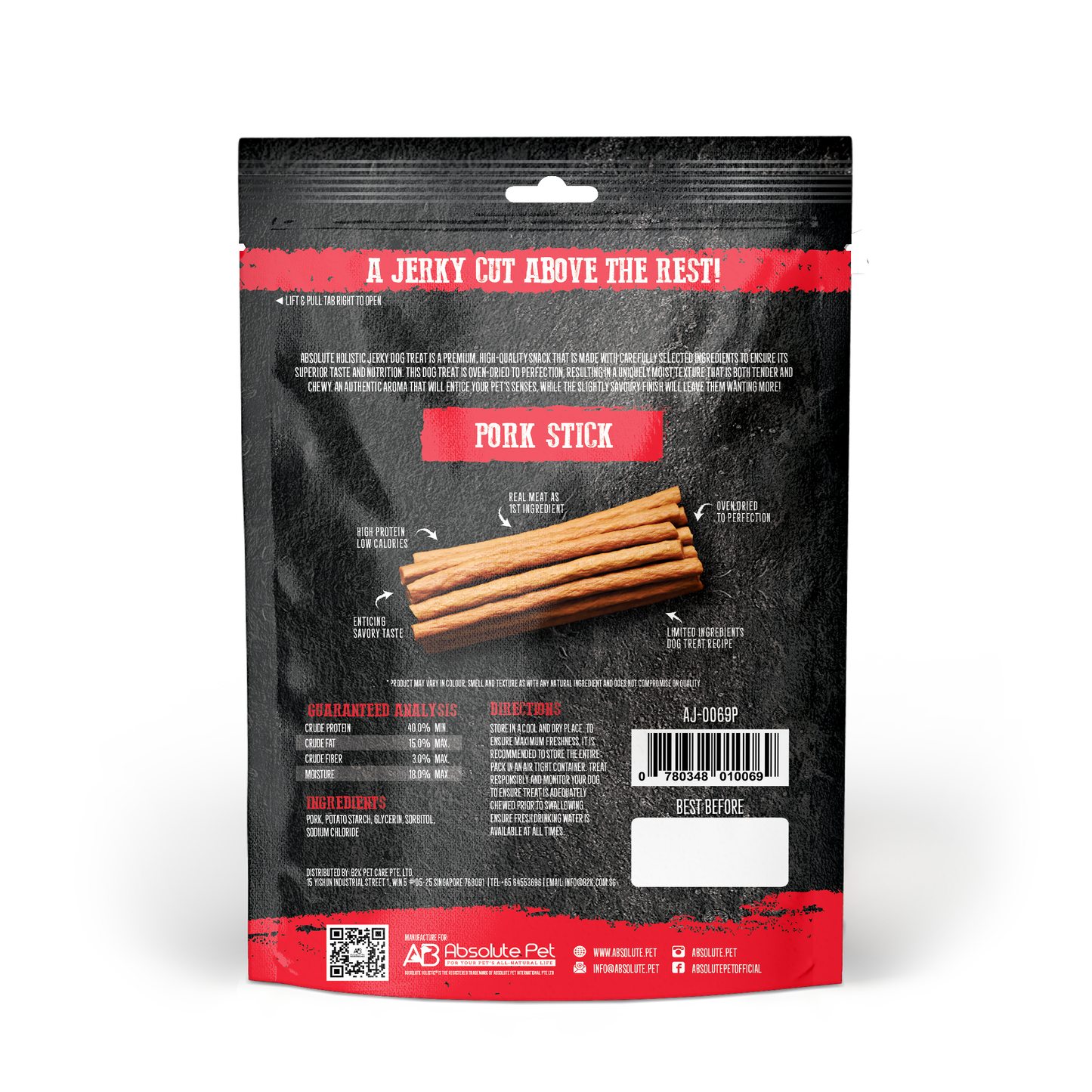 Absolute Holistic Grain Free Treats for Dog - Pork Jerky Loin Stick (100g)