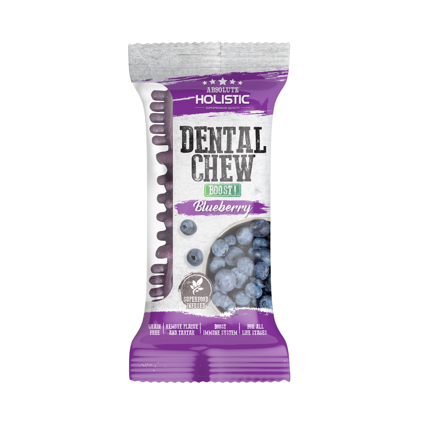 Absolute Holistic BOOST Dental Chew for Dogs - Blueberry (4") | Infused with Superfood