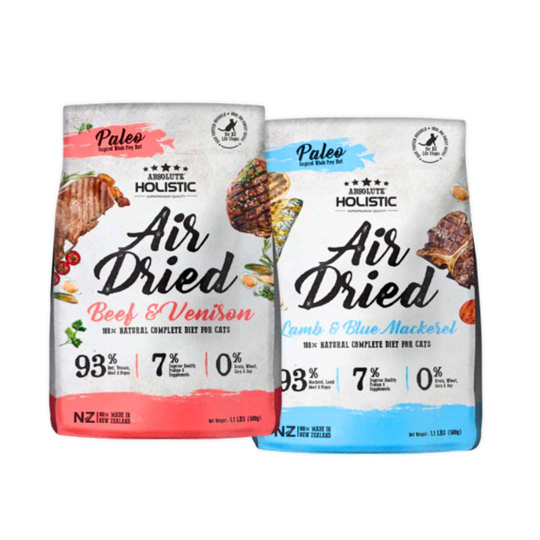 Absolute Holistic air-dried cat food, inspired by the Paleo diet and made with New Zealand ingredients.