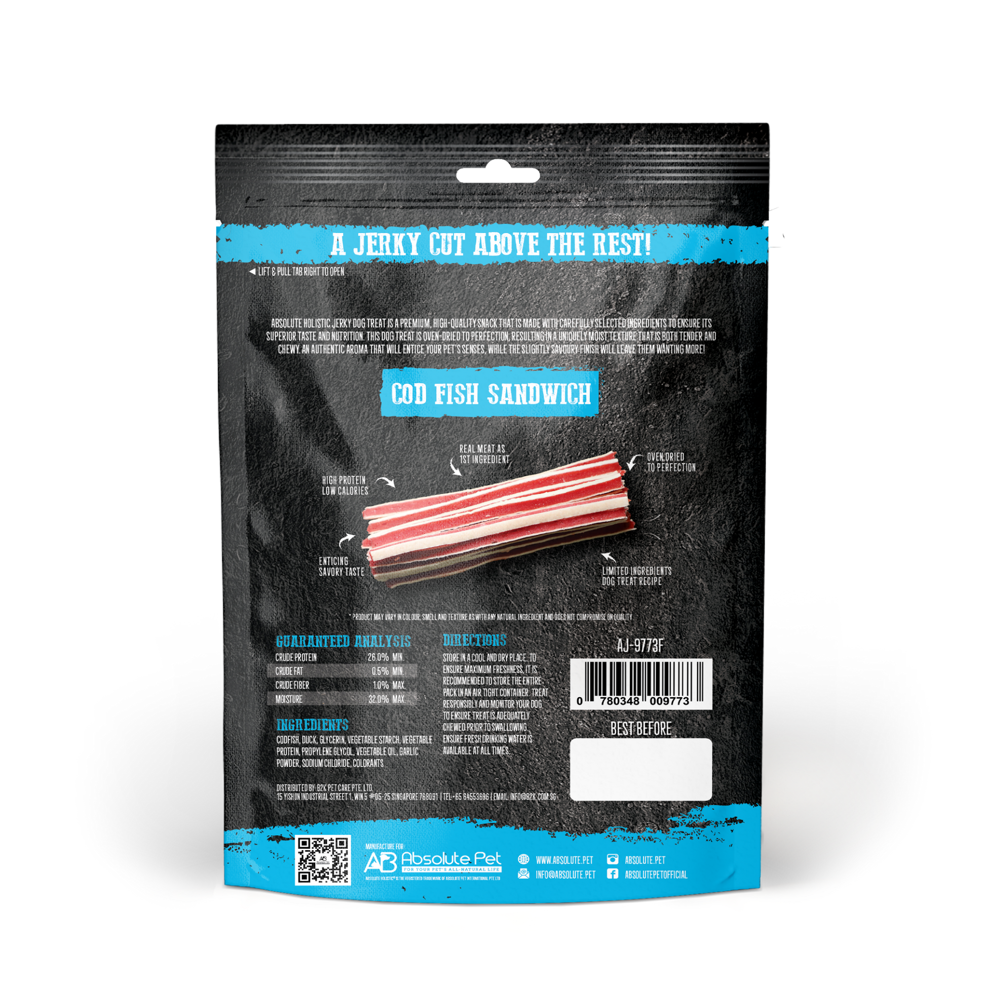 Absolute Holistic Grain Free Treats for Dog - Codfish Jerky Sandwich (100g)