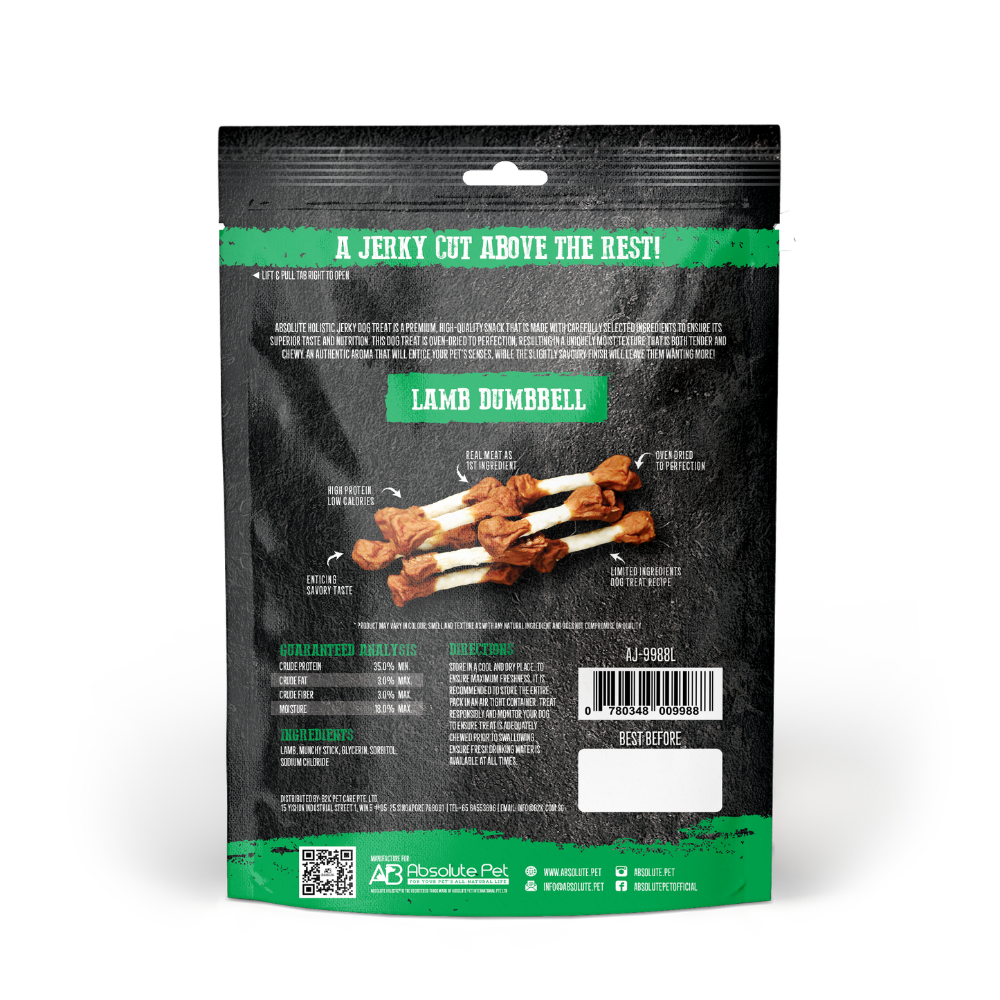 Absolute Holistic Grain Free Treats for Dog - Lamb Jerky Dumbbell (100g)
