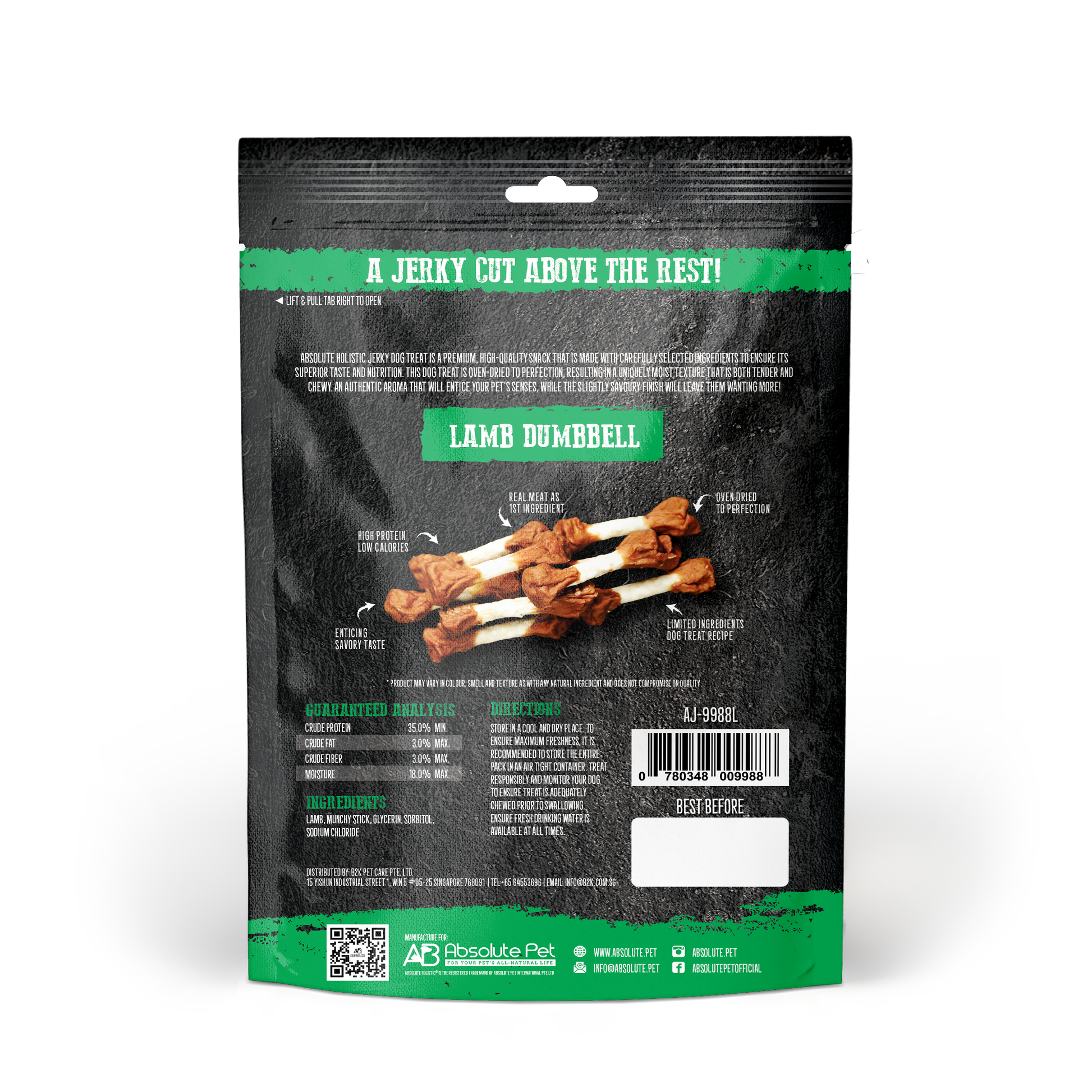 Absolute Holistic Grain Free Treats for Dog - Lamb Jerky Dumbbell (100g)