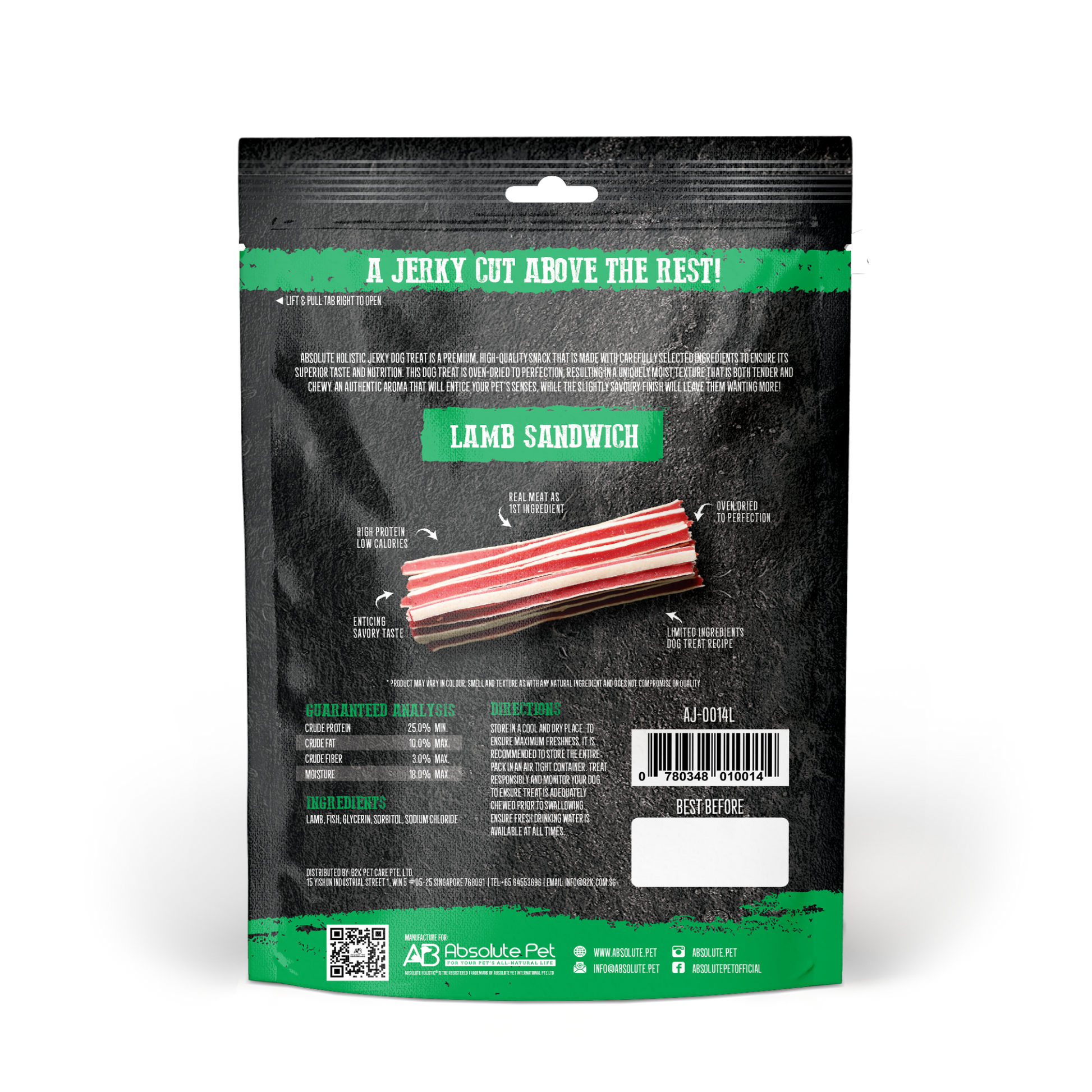 Absolute Holistic Grain Free Treats for Dog - Lamb Jerky Sandwich (100g)