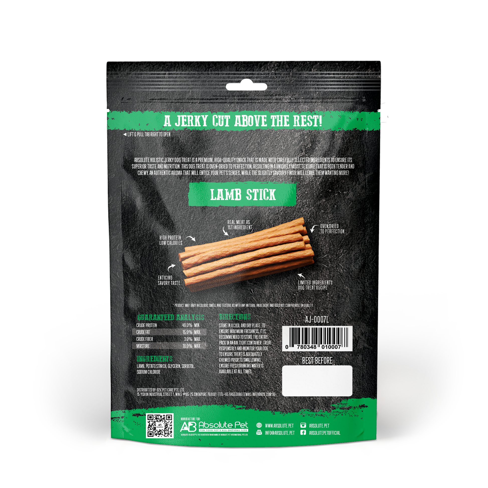 Absolute Holistic Grain Free Treats for Dog - Lamb Jerky Loin Stick (100g)