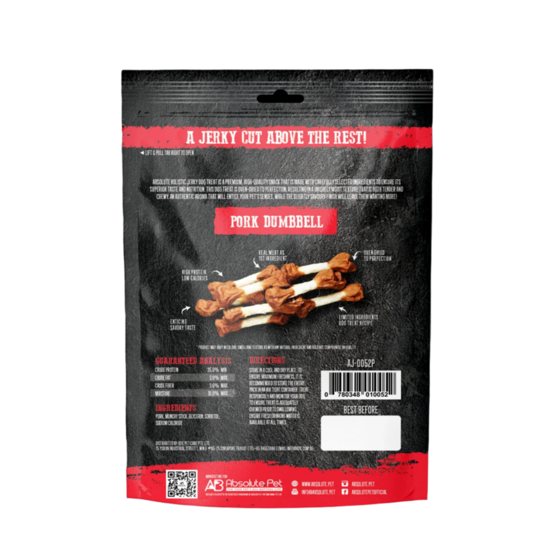 Absolute Holistic Grain Free Treats for Dog - Pork Jerky Dumbbell (100g)