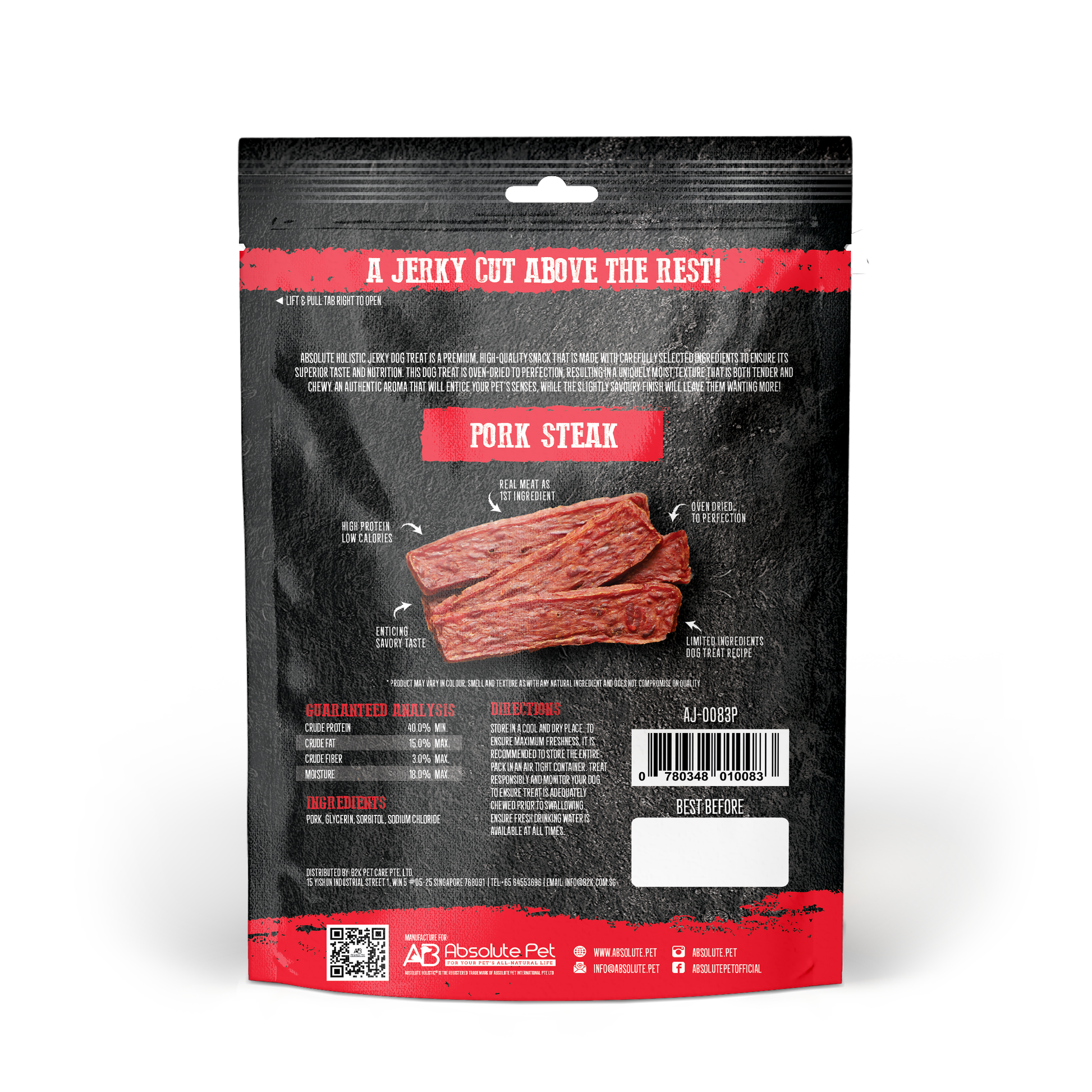 Absolute Holistic Grain Free Treats for Dog - Pork Jerky Steak (100g)