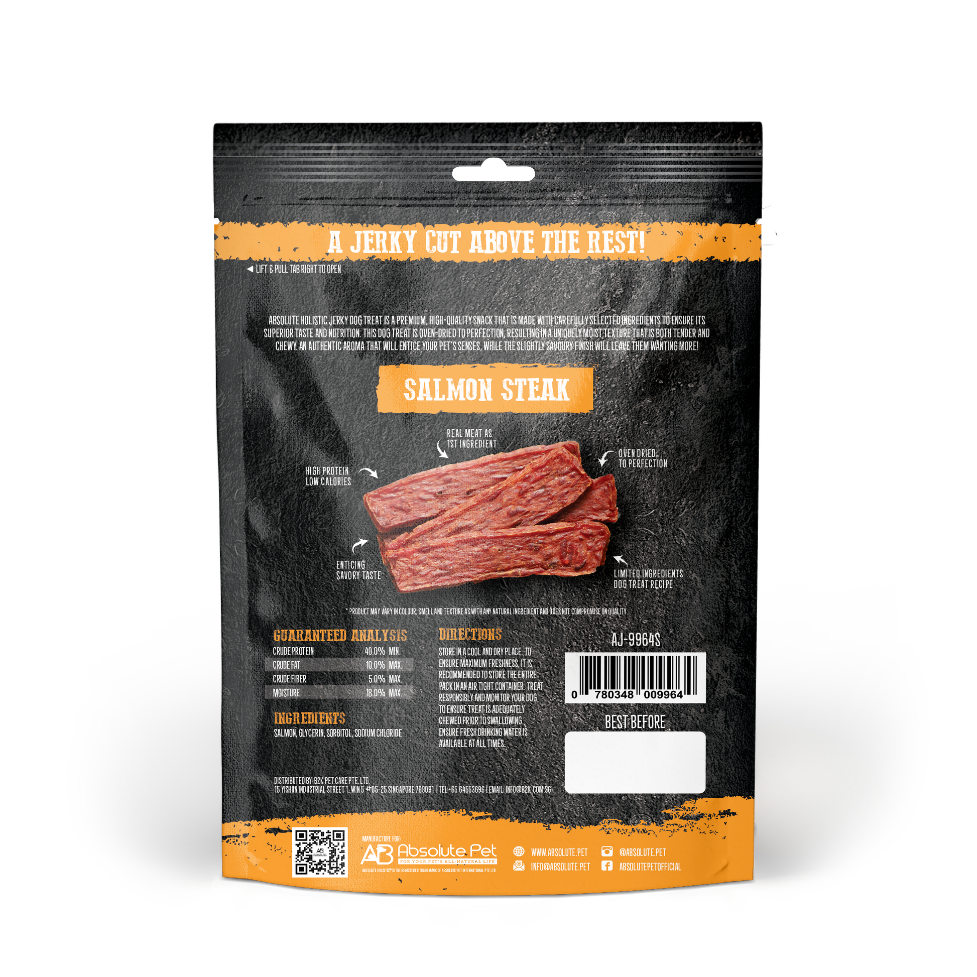 Absolute Holistic Grain Free Treats for Dog - Salmon Jerky Steak (100g)