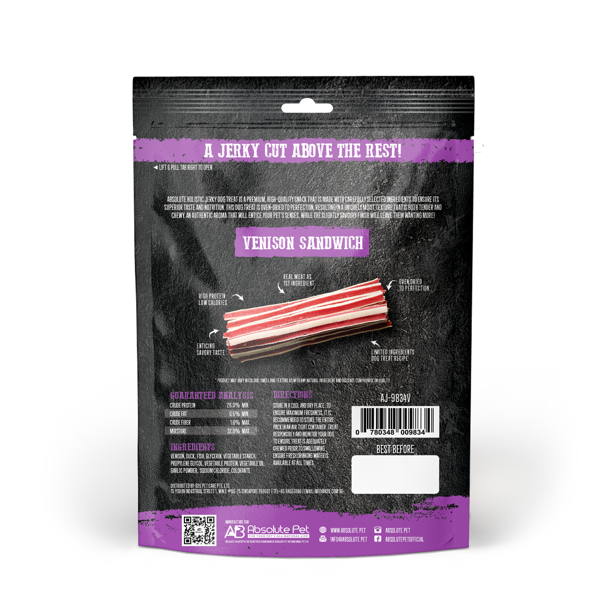 Absolute Holistic Grain Free Treats for Dog - Venison Jerky Sandwich (100g)