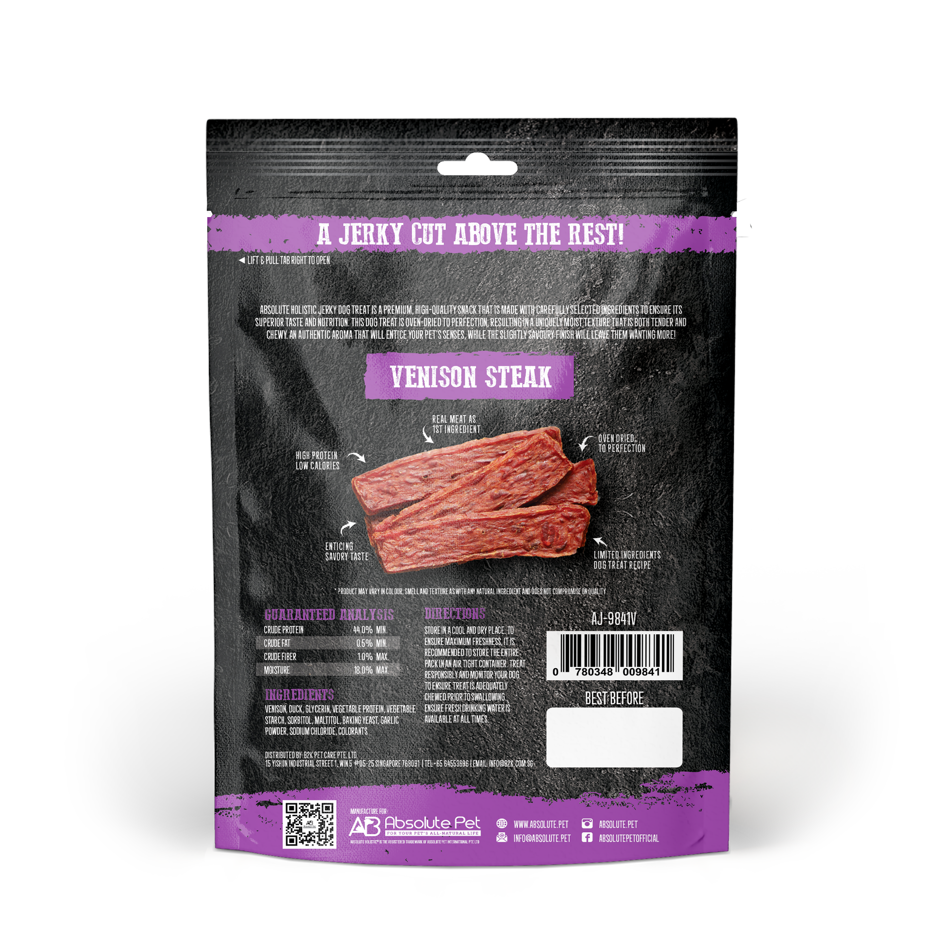 Absolute Holistic Grain Free Treats for Dog - Venison Jerky Steak (100g)