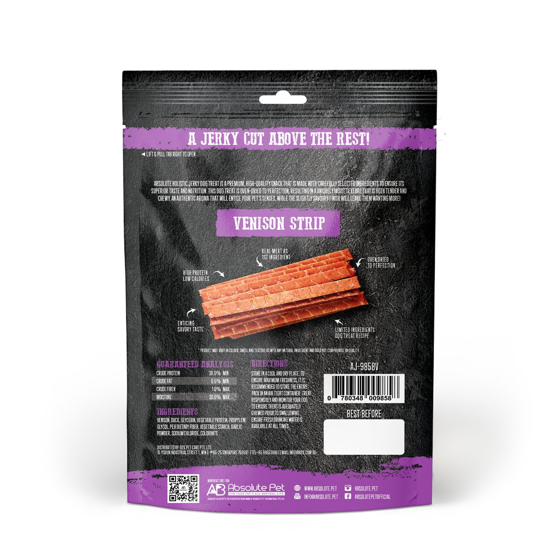 Absolute Holistic Grain Free Treats for Dog - Venison Jerky Loin Strip (100g)