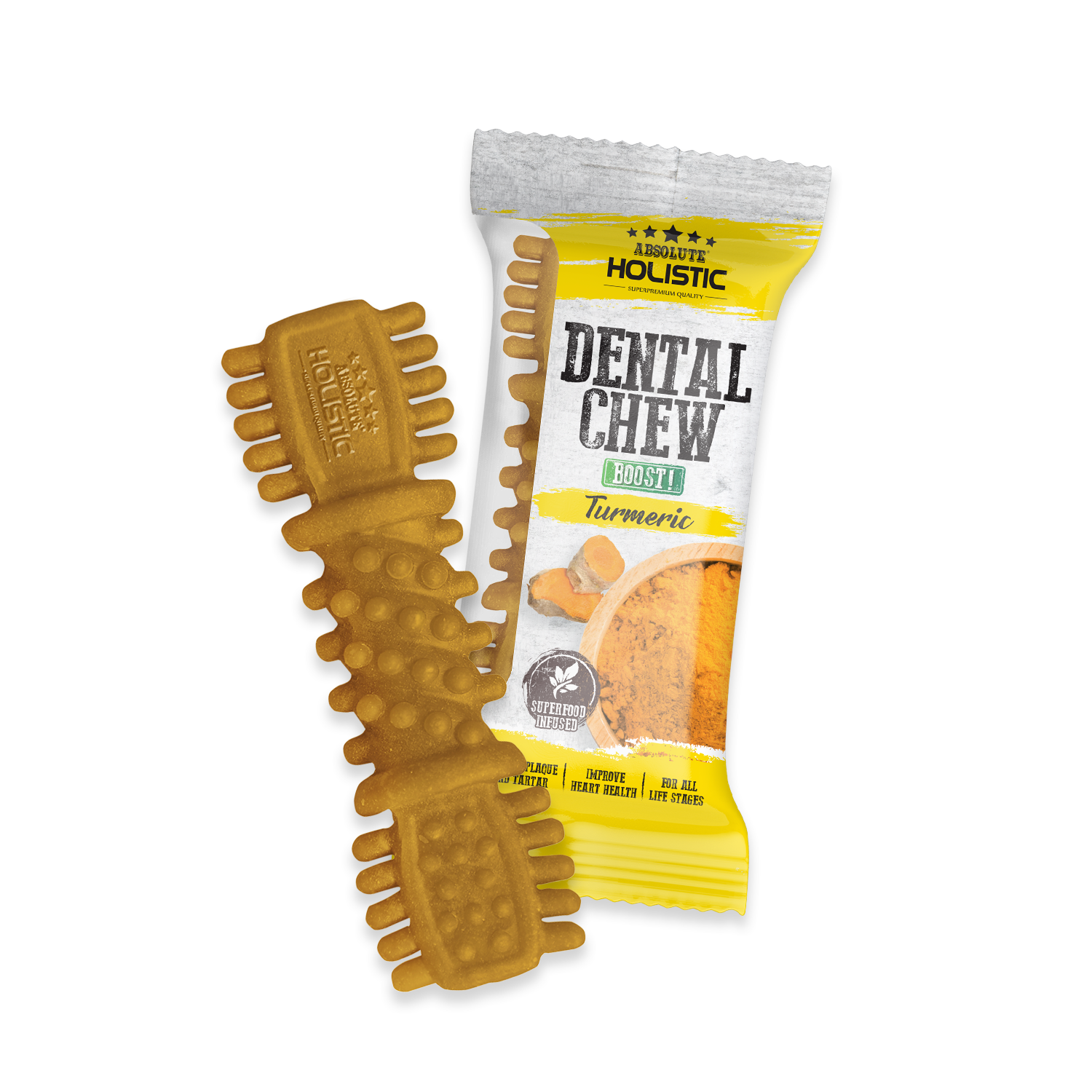Absolute Holistic BOOST Dental Chew for Dogs - Turmeric (4") | Infused with Superfood