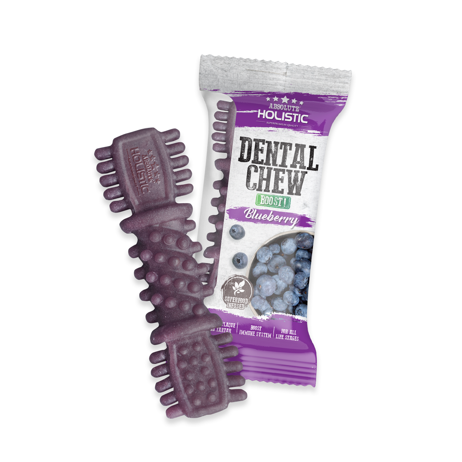 Absolute Holistic BOOST Dental Chew for Dogs - Blueberry (4") | Infused with Superfood