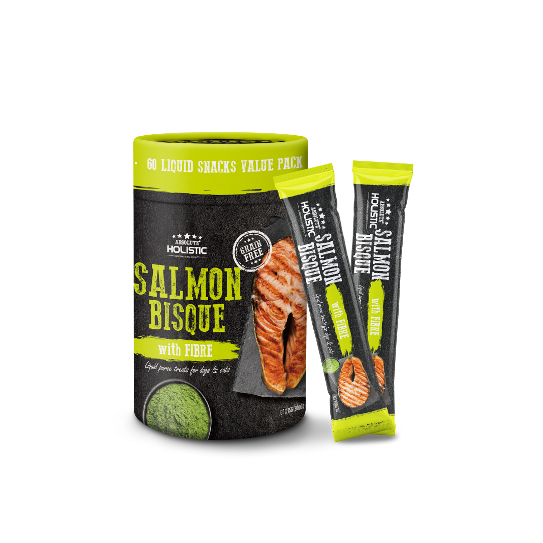 Absolute Holistic Liquid Puree Treats for Cats & Dogs - Salmon Bisque with Fibre (Tub)
